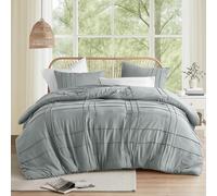 Comfort Spaces Parure de lit 3 pièces plissées à Nervures pour Grand lit, Toutes Saisons, légère et Extra Douce en Microfibre prélavée, Couvre-oreillers, lit Double/Grand lit, Bleu/Gris