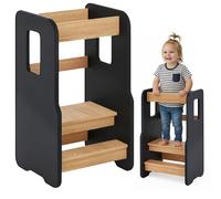 ComfortCove Tour d'Observation Enfant, Learning Tower, Noir/Chêne | 3 Niveaux Réglables, Tour d'Observation Montessori, Tour d'Apprentissage Montessori, Chaise Montessori Enfant