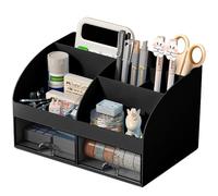COMFYROOM Organiseur de bureau avec 6 compartiments et 2 tiroirs, organiseur de maquillage en plastique, porte-stylos pour bureau, école, maison, fournitures de bureau (noir)