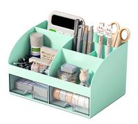 COMFYROOM Organiseur de bureau et accessoires avec 6 compartiments et 2 tiroirs, organiseur de maquillage en plastique, porte-stylo pour le rangement de bureau, organisation de bureau pour l'école, la
