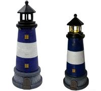Comgooldool Phare en résine à énergie solaire - Décoration de jardin méditerranéen - Statue lumineuse automatique pour extérieur, terrasse, pelouse, cour - Bleu et rouge - 32,5 cm (A)