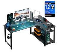 COMHOMA Bureau Gaming en Forme de L, Bureau d’Angle avec Étagères Rangement, Table imformatique avec Port de Charge USB et Prise de Courant, 140L*80P*74H, pour Jouer, Travailler (Noir-140CM)