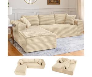 COMHOMA Canapé d'angle en Forme de L, Canapés Modulaire 105" avec Assise Profonde, Canapés Entièrement Compressé, Canapé 3 Places pour Salon et Chambre, Aucun Assemblage Requis, Velours côtelé (Beige)
