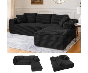 COMHOMA Canapé d'angle en Forme de L, Canapés Modulaire 105" avec Assise Profonde, Canapés Entièrement Compressé, Canapé 3 Places pour Salon et Chambre, Aucun Assemblage Requis, Velours côtelé (Noir)
