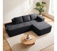 COMHOMA Canapé d'angle modulable, 228 cm en Velours côtelé, canapé Boneless sans Armature avec chaiselongue et Support de Dossier, Design en L Ouvert, Coussins et Poches latérales, pour Salon, Noir
