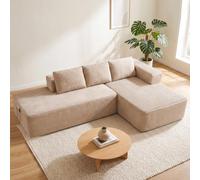COMHOMA Canapé d'angle modulable, 255 cm en Velours côtelé, canapé Boneless sans Armature avec chaiselongue et Support de Dossier, Design en L Ouvert, Coussins et Poches latérales, pour Salon, Beige