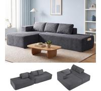 COMHOMA Canapé d'angle modulable, 255 cm en Velours côtelé, canapé Boneless sans Armature avec chaiselongue et Support de Dossier, Design en L Ouvert, Coussins et Poches latérales, pour Salon, Gris