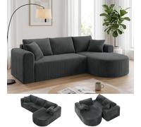 COMHOMA Canapé d'angle modulaire en velours côtelé de 263 cm avec méridienne, canapé-lit en forme de L, canapés sectionnels avec coussins et poches latérales, canapé pour salon, sans montage, gris