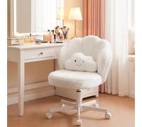 COMHOMA Chaise Coiffeuse en Forme de Pétale, Chaise de Bureau avec Dossier Double Couche et Coussin Lombaire Nuage, Chaise Ergonomique pour Bureau, Chambre, Réglable, Pivotant, en Tissu Teddy, Blanc