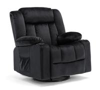 COMHOMA Chaise de relaxation manuelle pivotante pour adultes avec dossier réglable et repose-pieds, chaise longue 361° pour salon, porte-gobelet, poches latérales, tissu doux, ergonomique, noir
