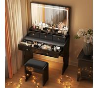 COMHOMA Coiffeuse avec Miroir LED à Luminosité Réglable, Coiffeuse avec Miroir et Prise avec Banc, 5 Tiroirs et 2 Compartiments, Commode Moderne, Noir