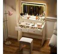 COMHOMA Coiffeuse avec Miroir LED à Luminosité Réglable, Coiffeuse avec Miroir et Prise avec Banc, 5 Tiroirs et 2 Compartiments, Commode Moderne, Blanc