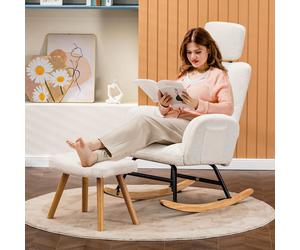COMHOMA fauteuil à bascule avec tabouret, fauteuil de relaxation, fauteuil à oreilles en peluche Teddy fauteuil à bascule, supporte jusqu'à 150 kg, chaise longue de jardin beige