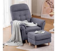Fauteuil Relax Inclinable avec Tabouret, Dossier 4 Niveaux Réglable, Poche Latérale, Ressorts Ensachés, Tissu Chenille - Gris