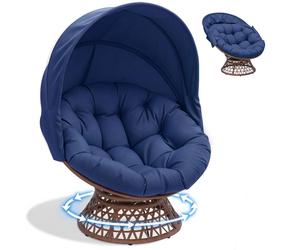 COMHOMA Fauteuil Papa, fauteuil pivotant confortable avec coussin rond, fauteuil en rotin confortable, fauteuil lounge pivotant, fauteuil relax rond en rotin, BLEU