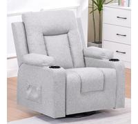COMHOMA Fauteuil Relaxation en Tissu avec Fonction Inclinable, Recliner Chair, Pivotant à 360 °, 2 Poches Latérales et Porte-Tasse, Gris Clair