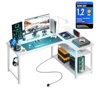 COMHOMA Table de Jeu avec Prise - 130 x 80 cm - Bureau d'angle avec Port de Charge USB et étagère - Bureau d'ordinateur en Forme de L - Table PC pour Bureau, Bureau à Domicile