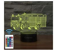 Comiwe Camion de Pompier 3D Illusion Veilleuse Jouets,Décor de Maison LED Lampe de Chevet Table,Tactile & Télécommander 16 Couleurs,Cadeau d'Anniversaire de Noël Pour Garçons Enfants Amis et Famille