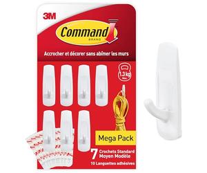 Command Crochet Standard Moyen Modèle, Blanc - Lot de 7 Crochets et 10 Languettes Moyennes - Pour Accrocher et Décorer Sans Abîmer