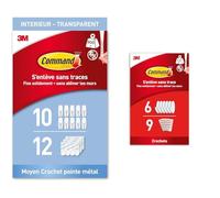 Command Crochets Transparents avec Pointe Métal, Moyen Modèle, 10 Crochets, 12 Languettes & Crochets Design Moyen, Modèle Blanc - Lot de 6 Crochets et 9 Languettes Moyennes
