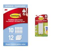 Command Crochets Transparents avec Pointe Métal, Moyen Modèle, 10 Crochets, 12 Languettes & Languettes Accroches Tableaux Moyen Modèle, 4 x 2 Languettes, 7,2 kg, Blanc - Fixation