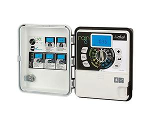 Commande Rain 'i-dial' produit de haute qualité et facilité d'utilisation. Modèle Outdoor avec transformateur intérieur. Large écran éclairé. À 4 programmes indépendants et 4 départs pour programme. Temps d'irrigation de 1 à 240 minutes pour station. Cycles