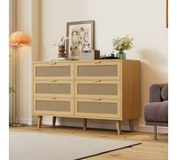 Commode - 120 x 76,5 x 40 cm - Motif rotin et poignées en métal - Pieds en bois massif, 6 tiroirs