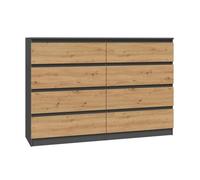 Commode 140 cm - 8 Tiroirs - Meuble de Rangement Chambre - Dimensions 140x40x97 cm - Design Moderne et Élégant - Chêne et Gris