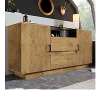 Commode 2 Portes 2 Tiroirs et Niche Ouverte Étagères Réglables - YEAVIO - Bois et Verre Chêne Clair 140×40×70 cm