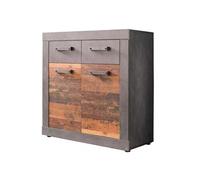 INDY - Meuble chambre. Commode avec 2 tiroirs en mélaminé coloris gris ciment portes bois effet vieilli . L - H - P : 82 - 86 -