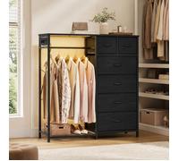 Commode 3 en 1 avec Portant à Vêtements, 6 Tiroirs, LED et Prises, 102,7 x 35 x 117,6 cm, Noir