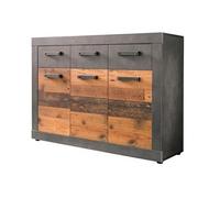 INDY - Meuble chambre. Commode avec 3 tiroirs en mélaminé coloris gris ciment portes bois effet vieilli. L - H - P : 117 - 86 - 37