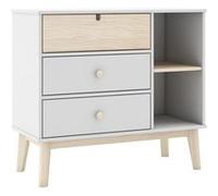 Commode 3 Tiroirs 2 Niches MDF et Pin Coloris Blanc et Naturel - KAINA -