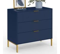 IDMarket Commode 3 tiroirs BLENIA 80 cm Bleu nuit finitions dorées