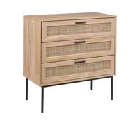 Commode 3 Tiroirs Boho en Rotin avec Panneaux Pieds en Métal Bois Clair Pasco