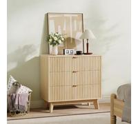 Commode 3 Tiroirs Bois Cannelé Chêne Clair Meuble Chambre Rangement | Commode 3 Tiroirs Bois Et MéTal Stable SéCurité Anti-Chute Compacte Et DéCor