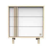 Commode 3 Tiroirs En Décor Chêne Velours Et Blanc Avec Appliques En Bois Blanc