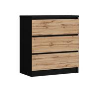 Commode - Noir et Chêne Wotan - 3 Tiroirs - 70cm x 39cm x 79cm - Meuble de Chambre Enfant