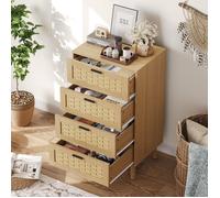Commode 4 tiroirs en rotin, 95 cm,Finition bois naturel, poignées noires, pieds bois, système anti-basculement, design scandinave