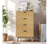 Commode 4 Tiroirs - Façade Rotin/Osier Tressé - Style Naturel Scandinave - Pieds en Bois Massif - 55x39.8x95 cm - Chêne Clair