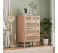 Commode 5 tiroirs en rotin naturel - 60x34x91 cm - Meuble de rangement étroit avec sécurité enfant & pieds surélevés