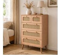 Commode 5 Tiroirs Rotin Cannage,UTTQEW,Meuble de Rangement Chambre Bois Clair 60x34x91 cm,Chiffonnier avec Pieds,Anti-Basculement