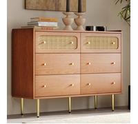 Commode 6 Tiroirs 120x40x90 cm Buffet Bahut Façade Cannage Rotin Meuble de Rangement Chambre Salon Pieds Métal - Effet Noyer