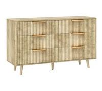 Commode 6 tiroirs effet bois façades cannelées poignées métal doré Beige G