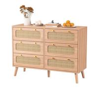 Commode 6 Tiroirs en rotin, Chiffonnier bois cannage 110x34x73 cm, Commode Meuble de Rangement pour Bureau,Salon,Chambre à Coucher