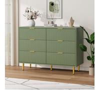Commode 6 tiroirs moderne - grand espace de rangement, anti-basculement Façade ondulée, poignées et pieds dorés, 100x40x75cm-VERT