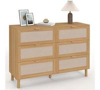 Commode 6 tiroirs ROBIN 115 cm meuble de rangement bois et tissu effet lin Bois