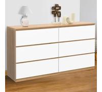 Commode 6 tiroirs TOMI XXL 140 cm bois façon hêtre et blanc