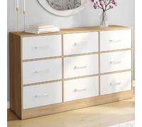 IDMarket - Commode 9 tiroirs en Tissu UPPAH 113 cm Meuble de Rangement Bois façon hêtre et Blanc