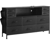Commode à 10 tiroirs en tissu avec étagère de rangement ouverte, éclairage LED et prise électrique, couleur noire